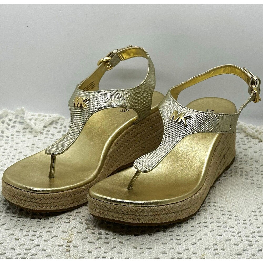 MICHAEL Michael Kors Womens Gold Thong Wedge T-Strap Sandals Buckle Logo